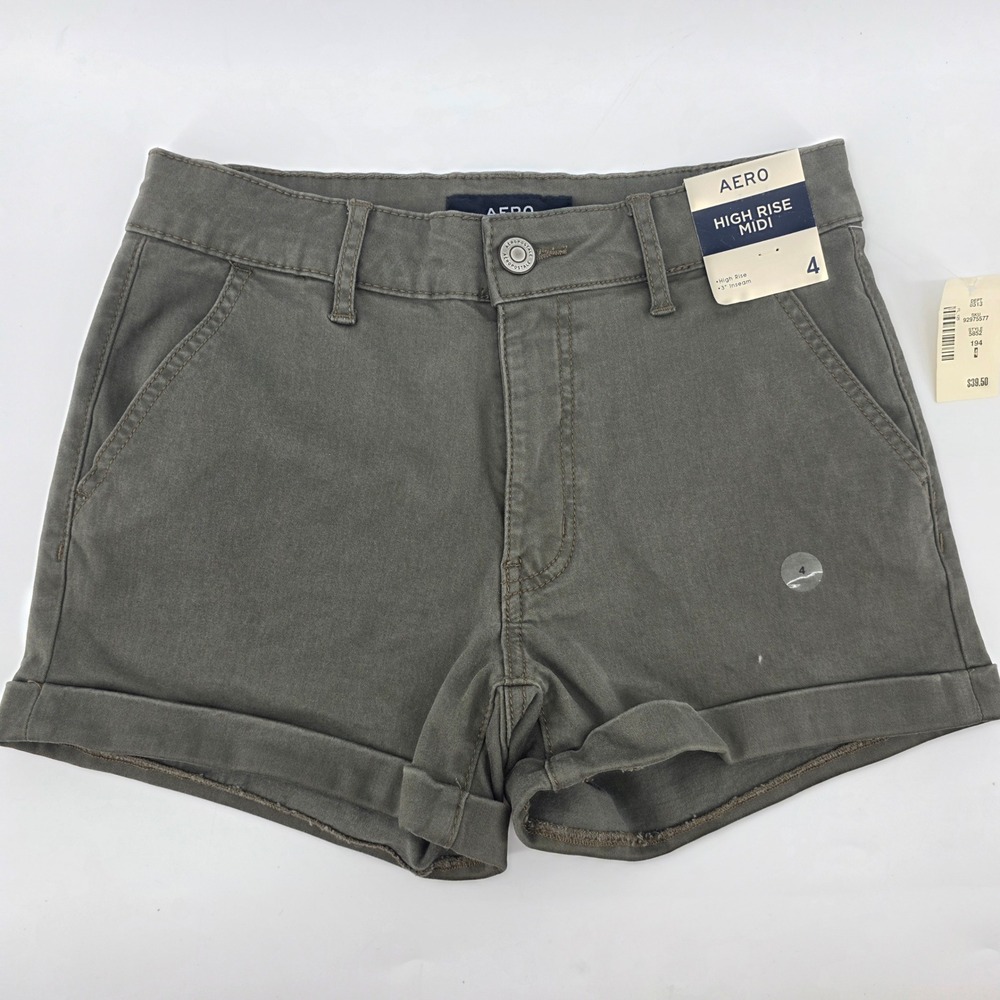Aero Aeropostale Women‎ High Rise Midi Shorts Olive Green Size 4 Cuffed